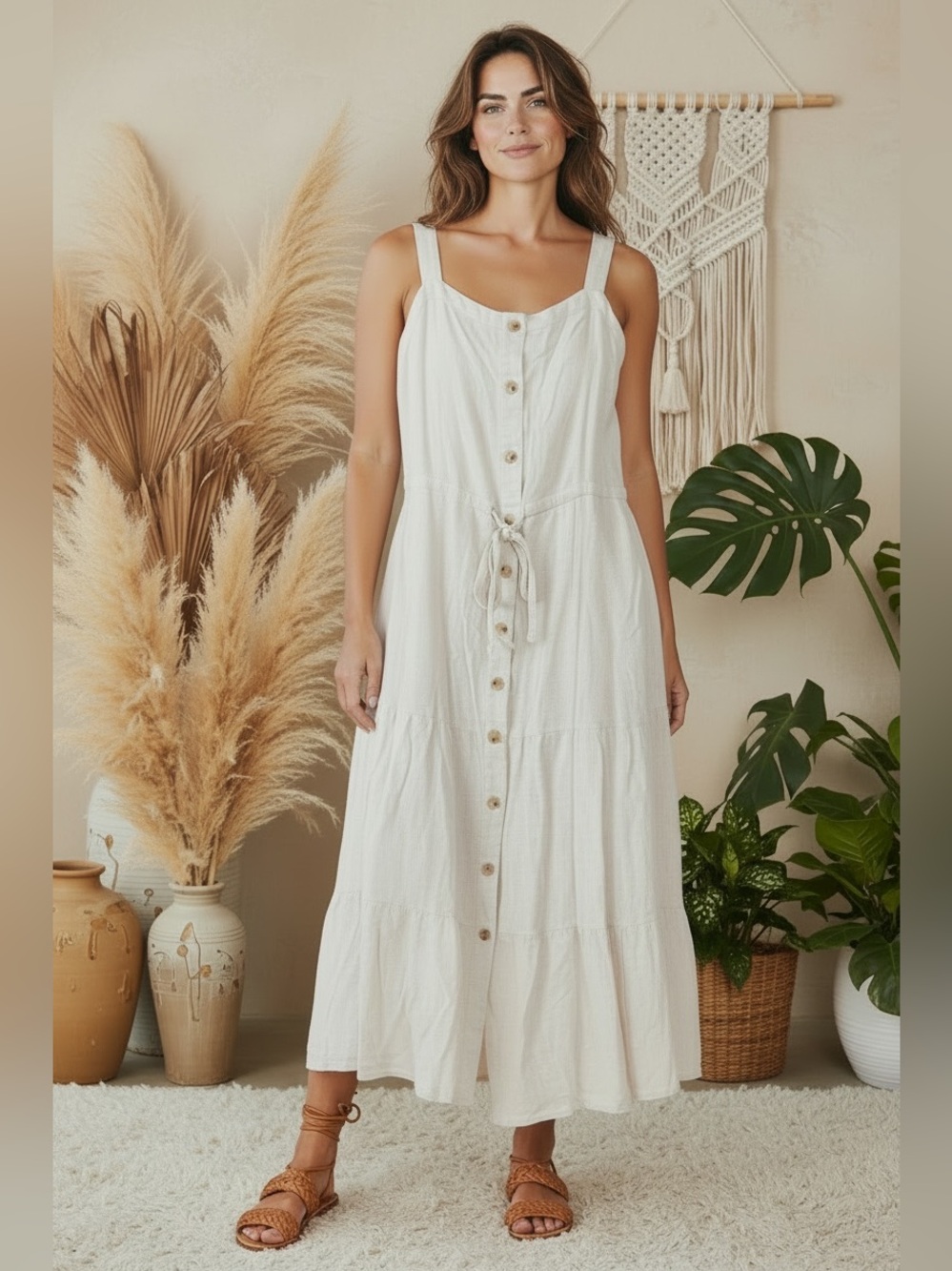 Lucky Brand Natural Cream Button-Front Midi Dress Smocked Straps Boho Resort XL
